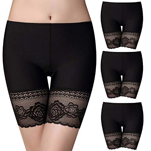 Tuopuda Damen Unterhose Unter Rock Kurz Hose Anti-Chafing Spitze Shorts 3er Pack Radlerhose Boxershorts Miederhose Sicherheit Panty Lace Leggings Kurze Tight Anti-Rutsch Spitzenrand, Schwarz, L von Tuopuda