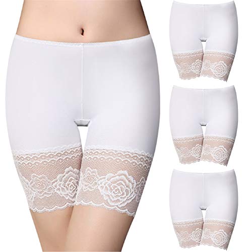 Tuopuda Damen Unterhose Unter Rock Kurz Hose Anti-Chafing Spitze Shorts 3er Pack Radlerhose Boxershorts Miederhose Sicherheit Panty Lace Leggings Kurze Tight Anti-Rutsch Spitzenrand, Weiß, L von Tuopuda