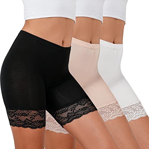 Tuopuda Damen Unterhose Unter Rock Kurz Hose Spitze Slips Anti-Chafing Shorts 1/3er Pack Boxershorts Miederhose Unterkleid Taillenslip Weichem Panties Leggings mit Spitzenbesatz, A-Mehrfarbig, L von Tuopuda