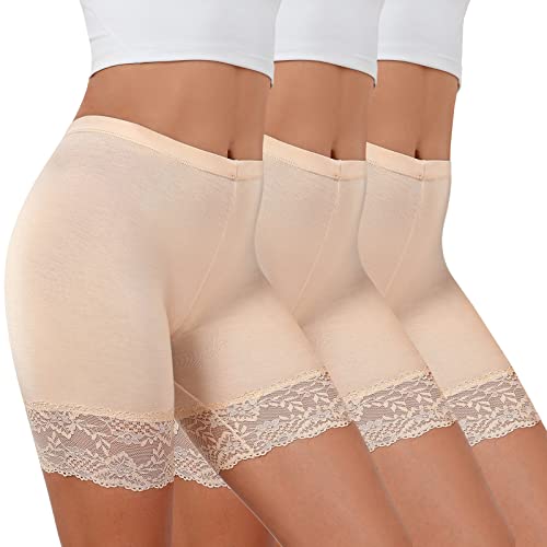 Tuopuda Damen Unterhose Unter Rock Kurz Hose Spitze Slips Anti-Chafing Shorts 1/3er Pack Boxershorts Miederhose Unterkleid Taillenslip Weichem Panties Leggings mit Spitzenbesatz, B-Beige 3er Pack, S von Tuopuda