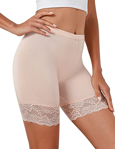 Tuopuda Damen Unterhose Unter Rock Kurz Hose Spitze Slips Anti-Chafing Shorts 1/3er Pack Boxershorts Miederhose Unterkleid Taillenslip Weichem Panties Leggings mit Spitzenbesatz, Beige, L von Tuopuda