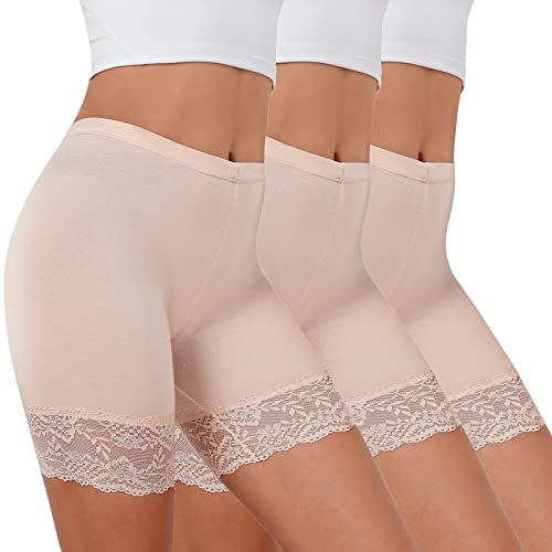 Tuopuda Damen Unterhose Unter Rock Kurz Hose Spitze Slips Anti-Chafing Shorts 1/3er Pack Boxershorts Miederhose Unterkleid Taillenslip Weichem Panties Leggings mit Spitzenbesatz, Beige 3er Pack, L von Tuopuda