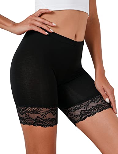 Tuopuda Damen Unterhose Unter Rock Kurz Hose Spitze Slips Anti-Chafing Shorts 1/3er Pack Boxershorts Miederhose Unterkleid Taillenslip Weichem Panties Leggings mit Spitzenbesatz, schwarz, L von Tuopuda