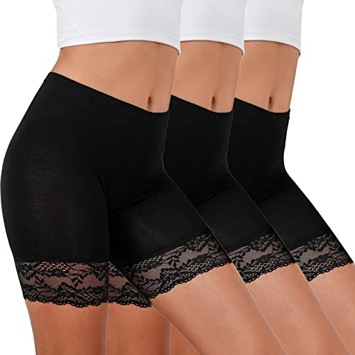 Tuopuda Damen Unterhose Unter Rock Kurz Hose Spitze Slips Anti-Chafing Shorts 1/3er Pack Boxershorts Miederhose Unterkleid Taillenslip Weichem Panties Leggings mit Spitzenbesatz, schwarz 3er Pack, M von Tuopuda