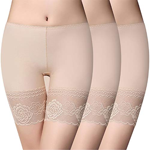 Tuopuda Damen Unterhosen Anti-Chafing Leggings Spitze Unter Rock Kurz Hosen Hohe Taille Non-Slip Lace Slipshort, M, Beige + Beige + Beige, 3 Stück von Tuopuda