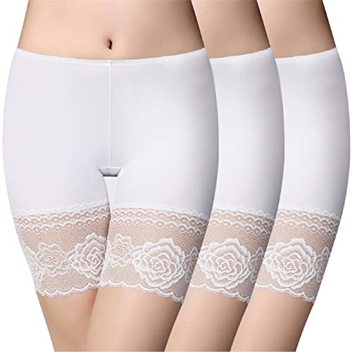 Tuopuda Damen Unterhosen Anti-Chafing Leggings Spitze Unter Rock Kurz Hosen Hohe Taille Non-Slip Lace Slipshort, L, Weiß + Weiß + Weiß, 3 Stück von Tuopuda