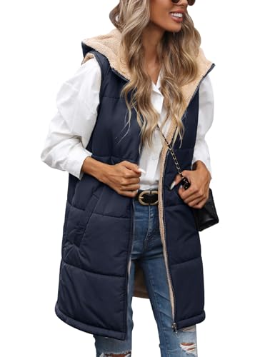 Tuopuda Damen Weste Lang mit Kapuze, Steppweste Gefüttert Fleeceweste Warme Winterjacke Freizeit Ärmellos Jacke Thermo Stehkragen Vest Kapuzenweste Reißverschlüsse Herbst Winter, Marine, L von Tuopuda