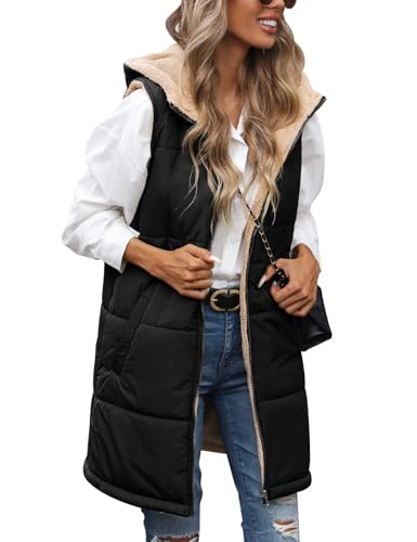 Tuopuda Damen Weste Lang mit Kapuze, Steppweste Gefüttert Fleeceweste Warme Winterjacke Freizeit Ärmellos Jacke Thermo Stehkragen Vest Kapuzenweste Reißverschlüsse Herbst Winter, Schwarz, L von Tuopuda