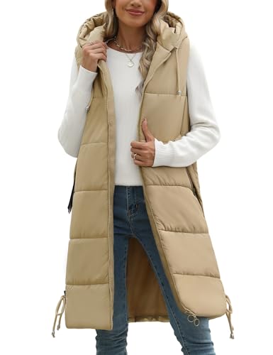 Tuopuda Damen Weste Lang mit Kapuze Herbst Winter, Steppweste Warme Daunenweste Übergangsweste Reißverschlüsse Kapuzenweste Outdoor Winterjacke Vest Ärmellos Jacke Longweste, Khaki, XXL von Tuopuda
