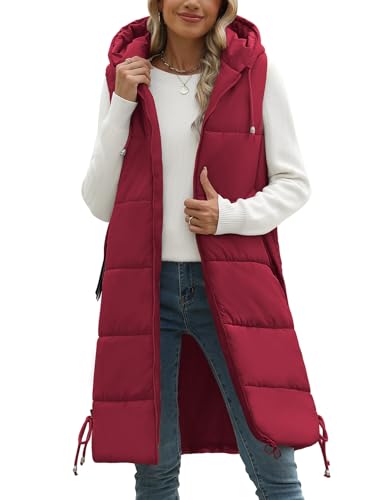 Tuopuda Damen Weste Lang mit Kapuze Herbst Winter, Steppweste Warme Daunenweste Übergangsweste Reißverschlüsse Kapuzenweste Outdoor Winterjacke Vest Ärmellos Jacke Longweste, Rotwein, XXL von Tuopuda