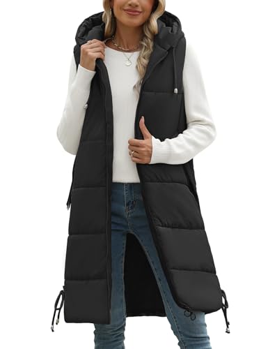 Tuopuda Damen Weste Lang mit Kapuze Herbst Winter, Steppweste Warme Daunenweste Übergangsweste Reißverschlüsse Kapuzenweste Outdoor Winterjacke Vest Ärmellos Jacke Longweste, Schwarz, XXL von Tuopuda