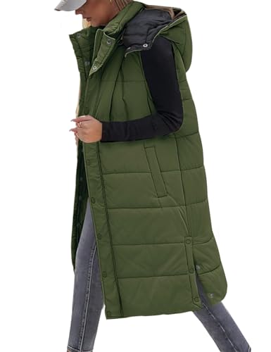 Tuopuda Damen Weste Lang mit Kapuze Herbst Winter, Steppweste Warme Longweste Übergangsweste mit Reißverschlüsse Kapuzenweste Daunenweste Winterjacke Vest Ärmellos Jacke, Armeegrün, L von Tuopuda