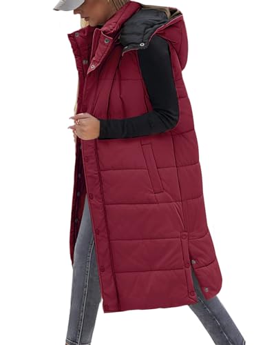 Tuopuda Damen Weste Lang mit Kapuze Herbst Winter, Steppweste Warme Longweste Übergangsweste mit Reißverschlüsse Kapuzenweste Daunenweste Winterjacke Vest Ärmellos Jacke, Weinrot, S von Tuopuda