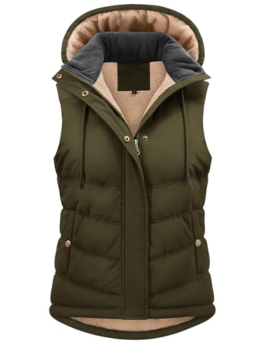 Tuopuda Damen Weste mit Abnehmbarer Kapuze Steppweste Fleece Gefüttert Fleeceweste Warme Winterjacke Ärmellos Jacke Thermo Stehkragen Vest Kapuzenweste Reißverschlüsse Herbst Winter, Armeegrün, XXL von Tuopuda