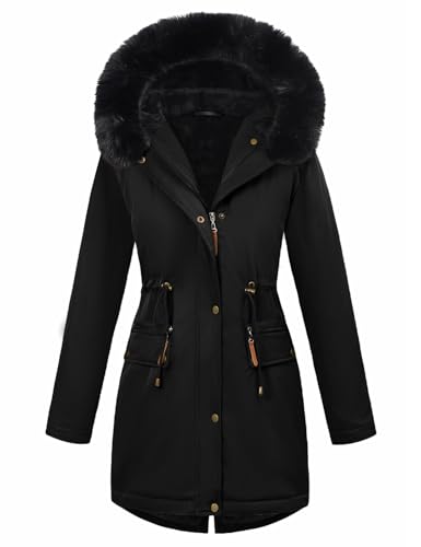 Tuopuda Damen Winterparka Langer Wintermantel mit Kapuze für Frauen Warm Fleece Gefüttert Winterjacke Verdicken Parka(Schwarz,L) von Tuopuda