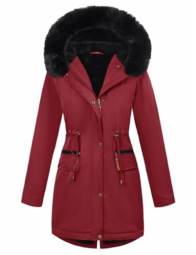 Tuopuda Damen Winterparka Langer Wintermantel mit Kapuze für Frauen Warm Fleece Gefüttert Winterjacke Verdicken Parka(Weinrot,XXL) von Tuopuda