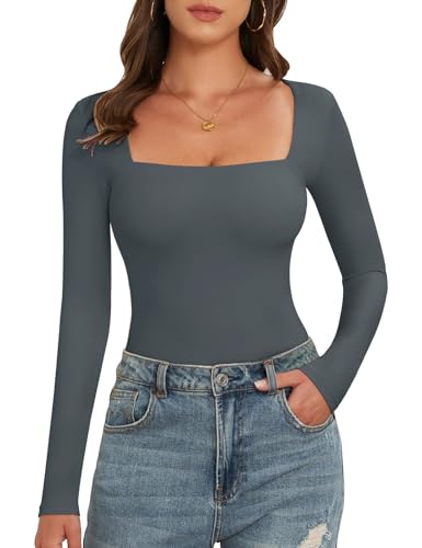 Tuopuda Damenbody Schmal Bodysuits Tops Long Sleeve Unterhemd Sexy Langarmbody Unterzieh-Body Sommer Eleganter Jumpsuit, dunkelgrau, S von Tuopuda