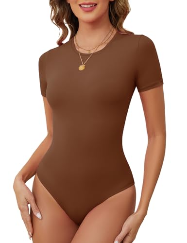 Tuopuda Damenbody mit Kurze Ärmel Unterhemd Schmal Bodysuits Tops Atmungsaktive Unterzieh-Body Sommer Eleganter Jumpsuit, Gelbbraun, S von Tuopuda