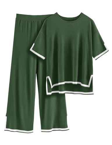 Tuopuda Freizeitanzug Damen Grobstrickpullover 2-Teiliges Cozy Knit Set Y2K Strick Jogginganzug Lässiger Shirt Rundhals mit Homewear Hose, Grün, S von Tuopuda