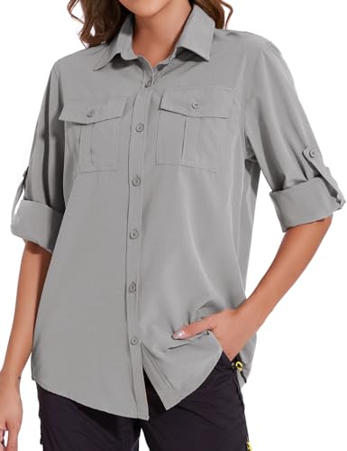 Tuopuda Hemd Damen UPF50+ UV Schutz Blusen Sommer Freizeithemd Langarm Atmungsaktiv Hemdbluse Wanderhemd Safari Kleidung für Angeln Reisen Golf, Grau, XL von Tuopuda