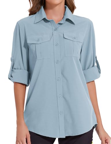 Tuopuda Musselin Bluse Damen Sommer Blusenshirt V-Ausschnitt Hemdbluse Elegante Oberteile Blusen Tunika Shirt Langarmshirt Lässig Einfarbig Tops, Blau, S von Tuopuda