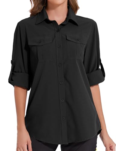 Tuopuda Hemdbluse Damen UV Shirt UPF50+ UV Schutz Safari Kleidung Wanderbluse Outdoor Cooling Sonnenschutz Langarm Luftiges Hemd Tops Sport Oberteile Atmungsaktiv, Schwarz, XL von Tuopuda