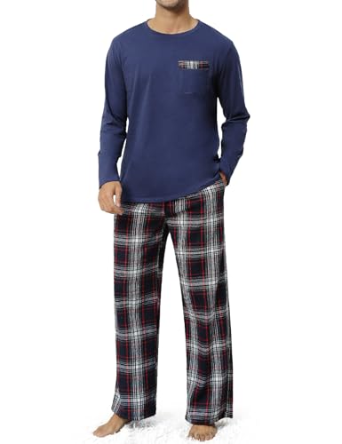 Tuopuda Herren Pyjama Lang Zweiteiliger Schlafanzug, Sleepwear Baumwolle Winter Nightwear Set Nachtwäsche Langarm, Blau Kariert, M von Tuopuda