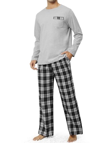 Tuopuda Herren Schlafanzug Lang Herbst Winter Zweiteilige Pyjamas, Shirt mit Tasche Pyjamahose Weihnachts PjS Geschenke für Männer, Grau Kariert, XXL von Tuopuda
