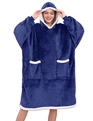 Tuopuda Weihnachtspullover Damen Herren Oversized, Flanell Fleece Robe Decke Hoodie, Geschenk für Mama Papa, Blau One Size von Tuopuda