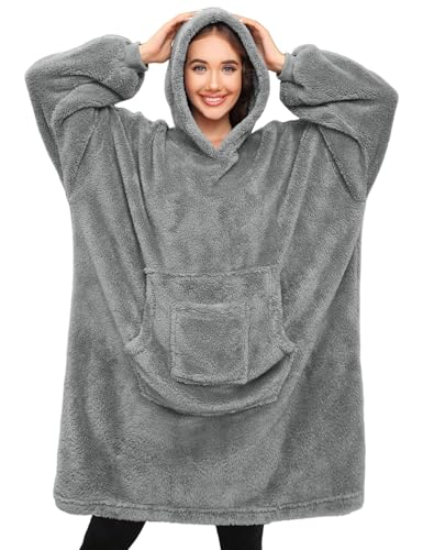 Tuopuda Hoodie Sweatshirt mit Kapuze Damen, Kapuzenpullover Langarm Pullover Riesen Hoodie Decke mit Ärmeln, Geschenk für Frauen Männer Weiche Gemütliche Warme Pulli mit Taschen, Hellgrau-Große von Tuopuda
