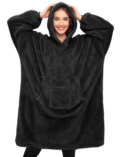 Tuopuda Hoodie Sweatshirt mit Kapuze Damen, Kapuzenpullover Langarm Pullover Riesen Hoodie Decke mit Ärmeln, Geschenk für Frauen Männer Weiche Gemütliche Warme Pulli mit Taschen, Schwarz-Große von Tuopuda