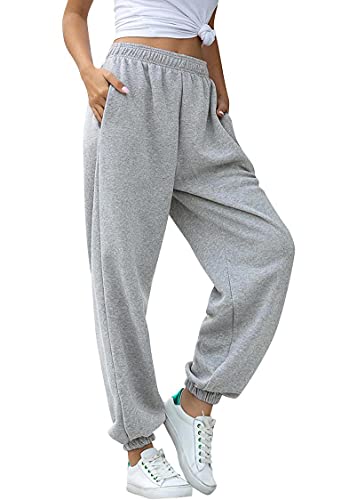 Tuopuda Jogginghose Damen, Sporthose Baumwolle Sommer Yoga Hose mit Taschen Hohe Taile Trainingshose Freizeithose Jogger Laufhosen Basics Sweathose Lang Sweatpants Trackpants, grau, XXL von Tuopuda