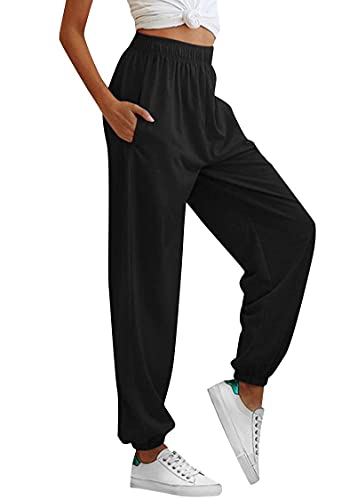 Tuopuda Jogginghose Damen, Sporthose Baumwolle Sommer Yoga Hose mit Taschen Hohe Taile Trainingshose Freizeithose Jogger Laufhosen Basics Sweathose Lang Sweatpants Trackpants, schwarz, L von Tuopuda