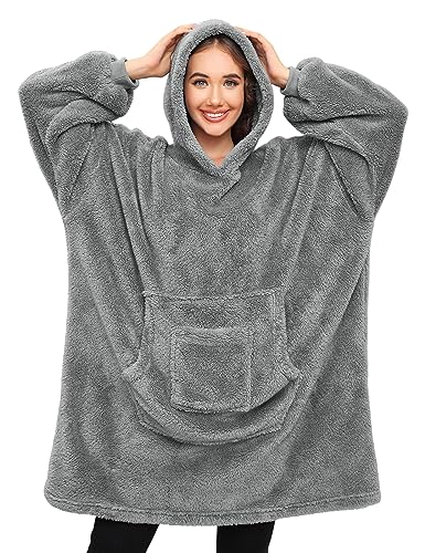 Tuopuda Kapuzenpullover Damen Oversized Pulli mit Kapuze, Sweatshirt mit Taschen Winter, Kuscheldecke Flauschig Warme Riesen-Hoodie Shirt, Hellgrau von Tuopuda