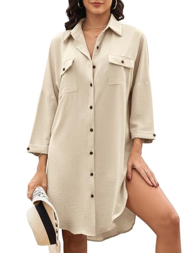 Tuopuda Kleider Damen Sommer Longshirt Strandhemd Bademode Hemd Freizeitkleid Beachwear Long Sleeve Swimsuit Cover Ups, Beige, L von Tuopuda