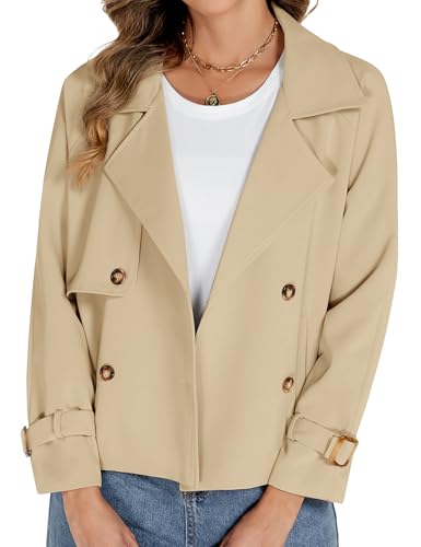Tuopuda Kurzer Trenchcoat Damen Zweireiher Kurzmantel Übergang Trench Coat Klassische Herbst Frühling Sommermantel Leichte Damenmantel Mantel Übergangsmantel Reverskragen, Beige, L von Tuopuda
