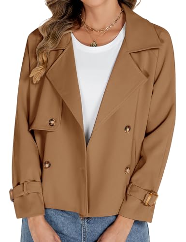 Tuopuda Kurzer Trenchcoat Damen Zweireiher Kurzmantel Übergang Trench Coat Klassische Herbst Frühling Sommermantel Leichte Damenmantel Mantel Übergangsmantel Reverskragen, Kamel, S von Tuopuda