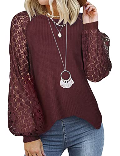 Tuopuda Langarmshirt Damen, Shirt Langarm Rundhals Bluse Casual T-Shirt Oberteile Lose Tunika Tops Herbst Winter Spitze Laternenärmel Hemd, Rotwein, L von Tuopuda