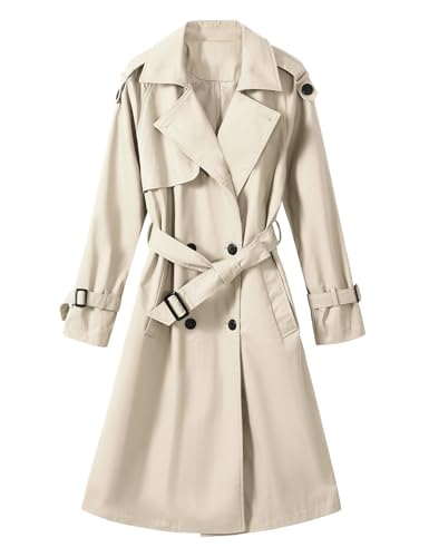 Tuopuda Trenchcoat Damen Lang Übergangsmantel Mantel Klassische Herbst Frühling Zweireiher Jacke Trench mit Gürtel Damenmantel Baumwolle Windjacke, Beige, M von Tuopuda