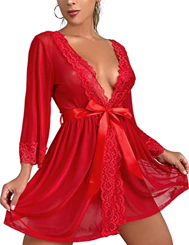 Tuopuda Negligee Damen Sexy Dessous Babydoll Nachtwäsche Tiefer V-Ausschnitt Nachthemd Spitze Nachtkleid Unterwäsche Set Reizwäsche Kimono Morgenmantel Kurz Robe mit Gürtel, Rot, L von Tuopuda