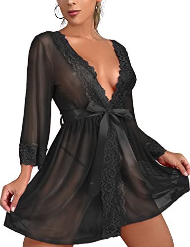 Tuopuda Negligee Damen Sexy Dessous Babydoll Nachtwäsche Tiefer V-Ausschnitt Nachthemd Spitze Nachtkleid Unterwäsche Set Reizwäsche Kimono Morgenmantel Kurz Robe mit Gürtel, Schwarz, M von Tuopuda