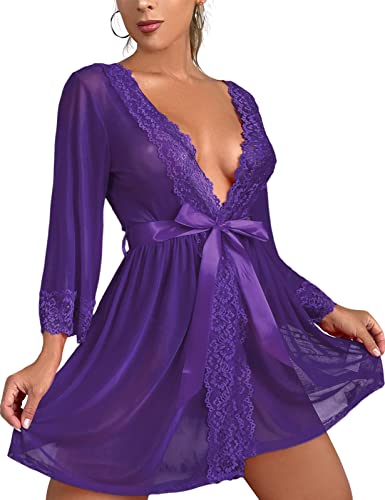 Tuopuda Negligee Damen Sexy Dessous Babydoll Nachtwäsche Tiefer V-Ausschnitt Nachthemd Spitze Nachtkleid Unterwäsche Set Reizwäsche Kimono Morgenmantel Kurz Robe mit Gürtel, Violett, M von Tuopuda