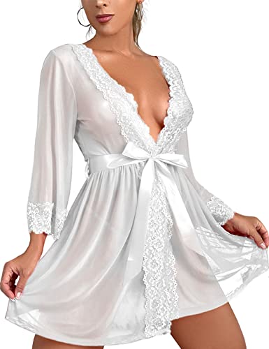 Tuopuda Negligee Damen Sexy Dessous Babydoll Nachtwäsche Tiefer V-Ausschnitt Nachthemd Spitze Nachtkleid Unterwäsche Set Reizwäsche Kimono Morgenmantel Kurz Robe mit Gürtel, Weiß, M von Tuopuda