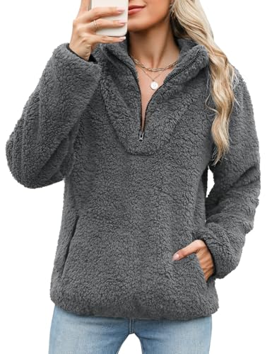 Tuopuda Pullover Damen Sweatshirt Herbst Winter Flauschig Pulli Fleece Weich Langarmshirt mit 1/4 Zip Taschen Langarm Locker Oberteile Tops Shirts Winterpullover ohne Kapuze(Dunkelgrau,L) von Tuopuda