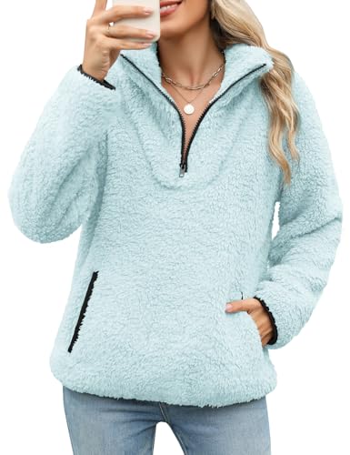 Tuopuda Pullover Damen Sweatshirt Herbst Winter Flauschig Pulli Fleece Weich Langarmshirt mit 1/4 Zip Taschen Langarm Locker Oberteile Tops Shirts Winterpullover ohne Kapuze(Hellblau,XL) von Tuopuda