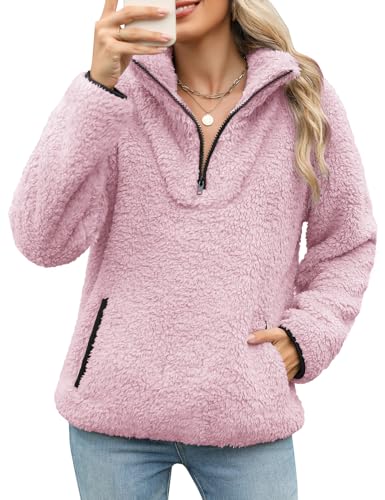Tuopuda Pullover Damen Sweatshirt Herbst Winter Flauschig Pulli Fleece Weich Langarmshirt mit 1/4 Zip Taschen Langarm Locker Oberteile Tops Shirts Winterpullover ohne Kapuze(Helllila,XL) von Tuopuda