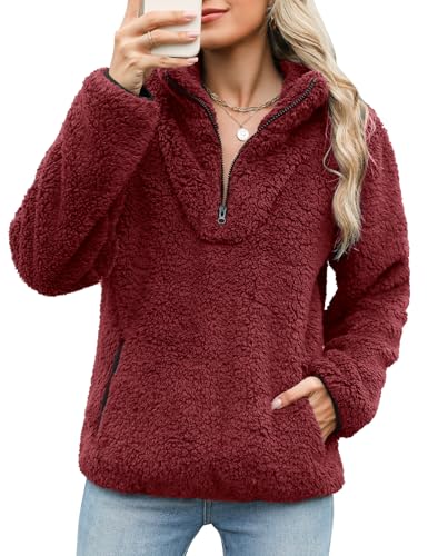 Tuopuda Pullover Damen Sweatshirt Herbst Winter Flauschig Pulli Fleece Weich Langarmshirt mit 1/4 Zip Taschen Langarm Locker Oberteile Tops Shirts Winterpullover ohne Kapuze(Weinrot,L) von Tuopuda
