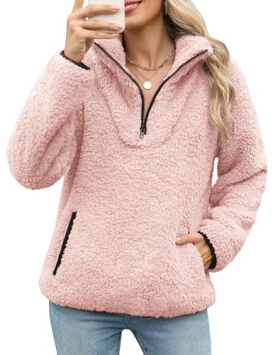 Tuopuda Pullover Damen Sweatshirt Herbst Winter Flauschig Pulli Fleece Weich Langarmshirt mit 1/4 Zip Taschen Langarm Locker Oberteile Tops Shirts Winterpullover ohne Kapuze, Rosa, S von Tuopuda