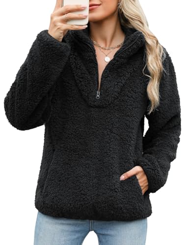 Tuopuda Pullover Damen Sweatshirt Herbst Winter Flauschig Pulli Fleece Weich Langarmshirt mit 1/4 Zip Taschen Langarm Locker Oberteile Tops Shirts Winterpullover ohne Kapuze, Schwarz, S von Tuopuda