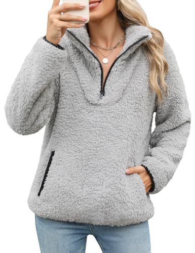 Tuopuda Pullover Damen Sweatshirt Herbst Winter Flauschig Pulli Fleece Weich Langarmshirt mit 1/4 Zip Taschen Langarm Locker Oberteile Tops Shirts Winterpullover ohne Kapuze, hellgrau, S von Tuopuda